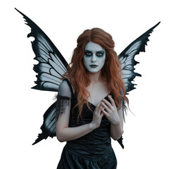 Red haired fairy with dark wings on black back on transparent background