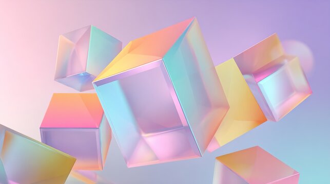 Fototapeta 3D Abstract Render of Transparent Glass Cubes with Pastel Gradient Lighting