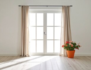 Sunlit room with French doors, light beige curtains, and potted flowers