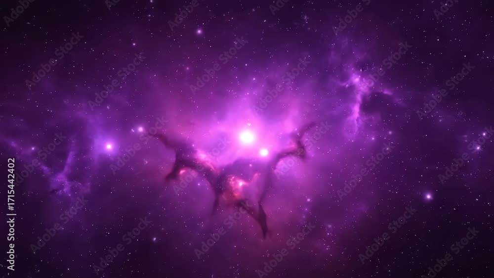 Wall mural abstract seamless loop of a glowing cosmic nebula mist, featuring soft transitions of purple and pin