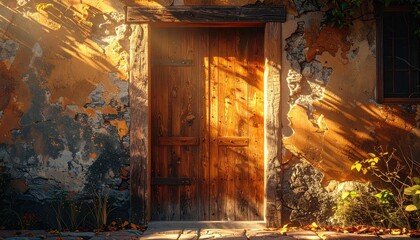 Old Wooden Door in Sunlight with Rustic Weathered Wall Cinematic Golden Hour