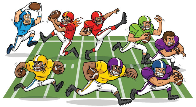 Cartoon football team lineup illustration with players in colorful uniforms on field, playful sports design symbolizing teamwork and fun.