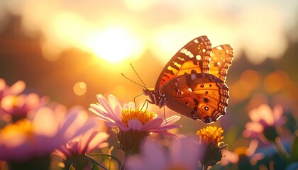 Orange Monarch Butterfly Sits on Pink Daisy with Golden Hour Light in Field Bokeh Background Close Up