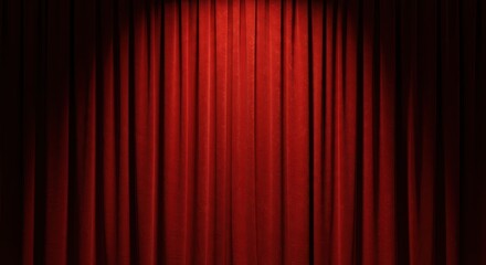 Curtain: Rich, crimson theater curtains hang gracefully, illuminated by a single spotlight, creating a dramatic and theatrical atmosphere.