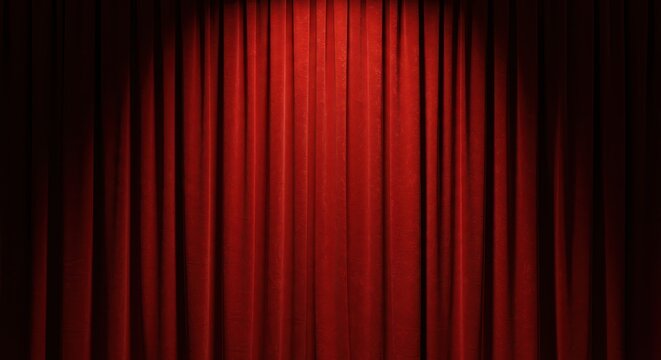 Curtain: Rich, crimson theater curtains hang gracefully, illuminated by a single spotlight, creating a dramatic and theatrical atmosphere.