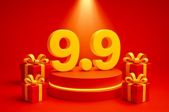 shopping online festival style numbers 9.9 on glowing podium, gift boxes and spotlight