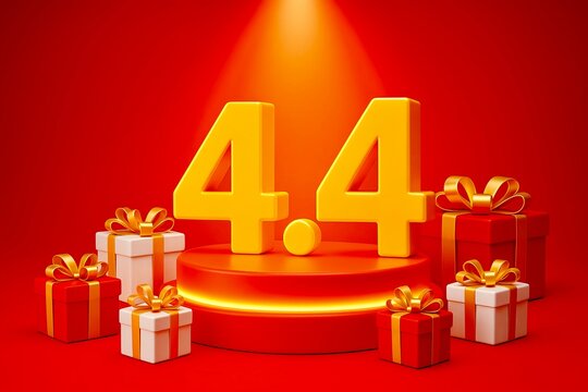 shopping online festival style numbers 4.4 on glowing podium, gift boxes and spotlight