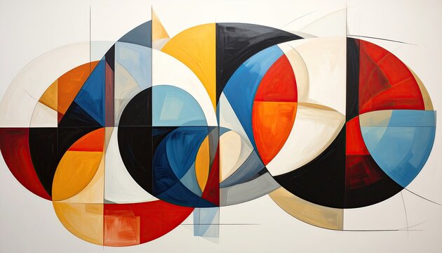 Abstract geometric painting with dynamic overlapping circles in red, blue, yellow, and black.