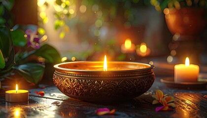 Ornate Candle Bowls in Golden Light with Bokeh Background and Floral Accents Glowing Daylight