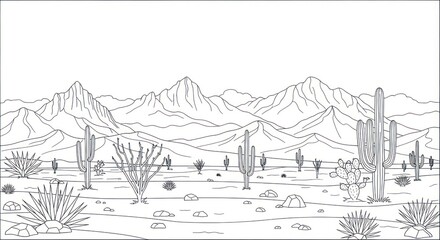 Desert mountain landscape outline drawing