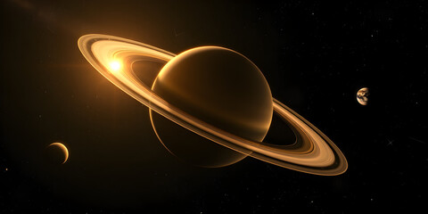 Obraz premium Saturn prominently displays its stunning rings as sunlight glimmers across them in the expansive cosmos. Nearby planets add to the mesmerizing beauty of this celestial scene