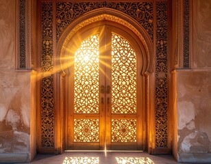 Ornate Carved Wooden Doorway Bathed in Golden Sunlight with Intricate Geometric Patterns and Beige Weathered Walls During Sunset in India