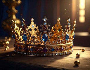 Ornate Golden Crown with Blue and Red Jewels on Wooden Table in Dramatic Lighting and Symbolic Photography Style