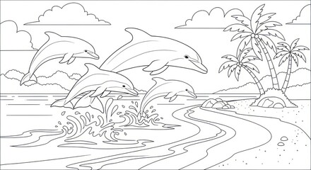 Dolphins jumping seaside scene