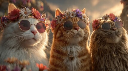 Three cats with round sunglasses and flower wreath on heads