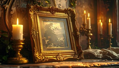 Ornate Golden Picture Frame With Illuminated Candles and Stone Wall in a Dark and Warm Tones Elegant Still Life Display