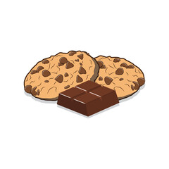 This is a digital illustration of two chocolate chip cookies and a bar of chocolate.