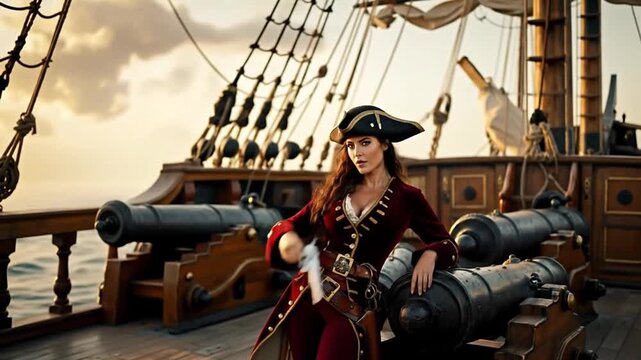 Confident woman pirate posing with pistols on an old sailing ship deck during sunset