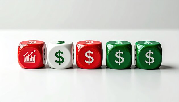 Financial risk and investment concept with red and green dice showing dollar and chart symbols.