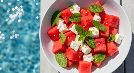 Refreshing summer watermelon salad with feta and mint, perfect poolside treat, vibrant colors and a light, healthy snack, ideal for hot days and outdoor entertaining, a taste of paradise