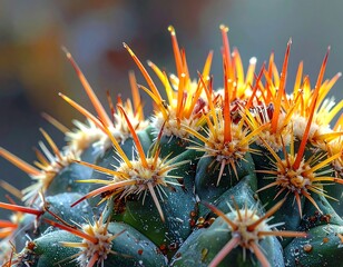Close-up view of a cactus with vibrant orange and yellow spines, showcasing detailed textures and patterns.