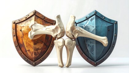 Two weathered shields, each bearing a bone, represent the dual protection of skeletal health.