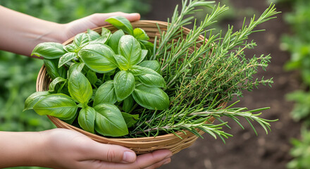 Freshly harvested basil, rosemary, and thyme herbs displayed in a rustic basket ready for culinary creations and garden-to-table meals, offering a delightful sensory experience