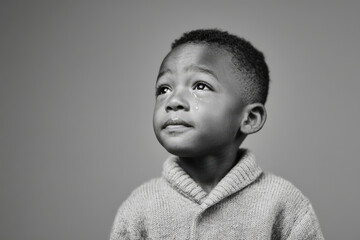 young child gazing blankly into distance tears glistening on their cheeks against clean solid background