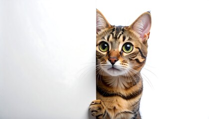 A curious tabby cat peers from behind a blank white surface, showcasing a playful and inquisitive expression.