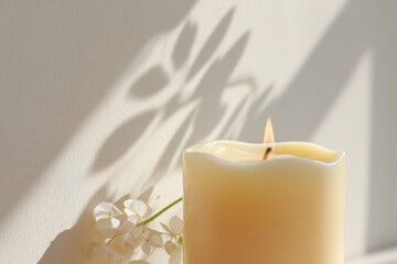 tranquil room is softly illuminated by gentle glow of single candle exuding warmth and coziness