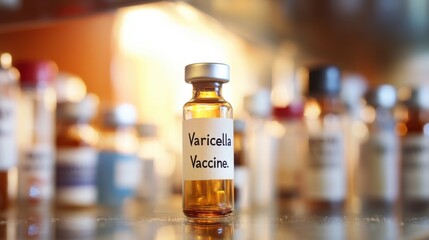Varicella Vaccine Bottle in Front of Background Vials and Medicines