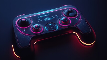 A futuristic game controller with neon accents on a dark background illuminated by the device lights
