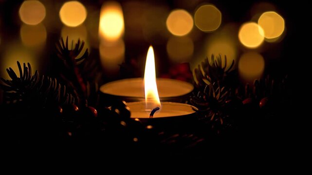 Single advent candle burning on wreath with warm glow and holiday lights