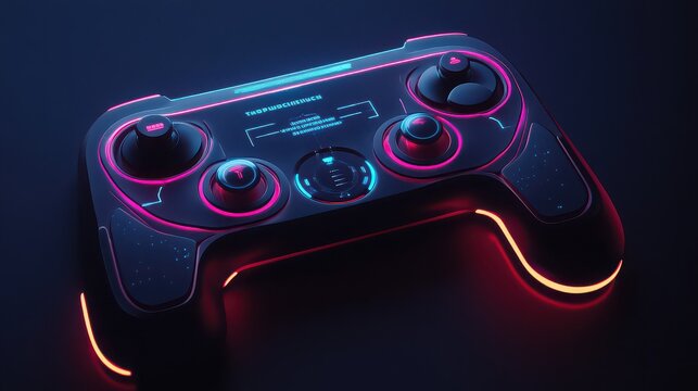 A futuristic game controller with neon accents on a dark background illuminated by the device lights - Powered by Adobe