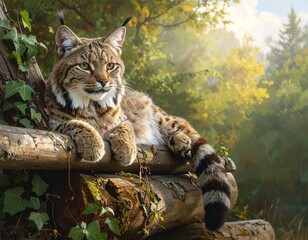 A relaxed lynx rests serenely on a wooden log, bathed in golden sunlight filtering through a lush forest.