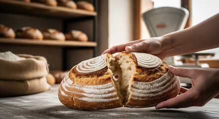 Artisan baker lovingly breaks fresh sourdough loaf, showcasing its airy crumb and golden crust, perfect for food blogs, baking tutorials, or restaurant promotions, evokes warmth and homemade goodness