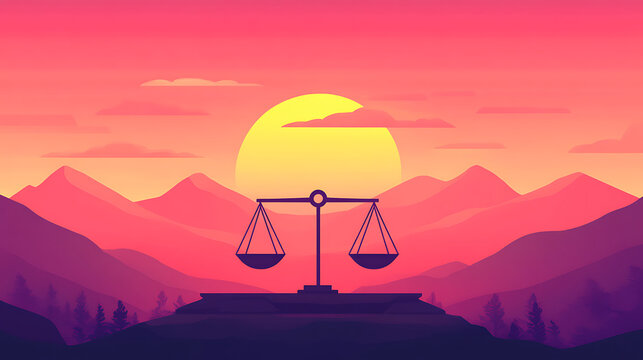 Symbolic representation of equality and justice, this artwork captures essence of morality against vibrant sunset backdrop