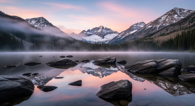 Serene mountain lake reflects pastel sunrise with misty peaks and rocky shoreline