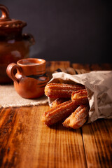 Churros. Fried wheat flour dough, a very popular sweet snack in Spain, Mexico and other countries where it is customary to eat them for breakfast or snack accompanied by hot chocolate or coffee.