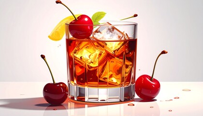 A detailed illustration of a cocktail glass filled with a rich amber liquid, ice cubes, and fresh cherries, alongside a vibrant lemon slice, creating a visually appealing and delightful composition.