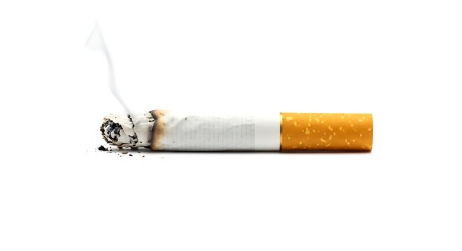 Close-up of a burning cigarette with smoke rising against a white background