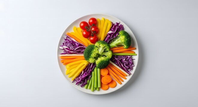 Vibrant platter of fresh, raw, cut vegetables including broccoli, carrots, bell peppers, red cabbage, and cherry tomatoes, arranged in a colorful circular pattern on a white plate.