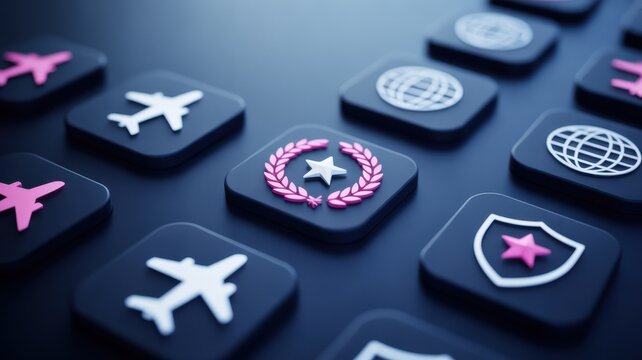 Symbolic Navigation: A visually striking arrangement of miniature airplane icons on a sleek, dark surface, accented by other global and security symbols. A concept representation of travel, logistics.