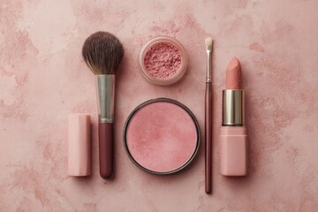 Flatlay of pink makeup products on a textured background
