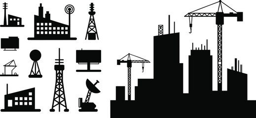 Industrial infrastructure, urban development, factory silhouettes, construction cranes, communication towers, oil rigs, cityscape skyline, technology, energy, architecture, progress