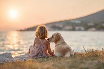 child and dog lie on soft grass gazing up at sky in moment of peace