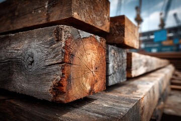 Close-up of weathered, stacked lumber showing grain and texture