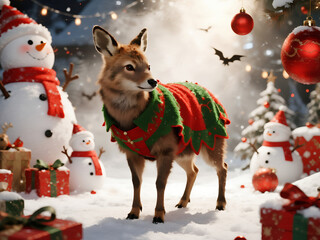 Adorable dog wearing a Christmas sweater standing in a snowy festive scene with snowmen, Christmas tree ornaments, and wrapped gifts. Perfect for holiday cards, seasonal marketing, Christmas