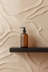 Elegant mockup of amber glass pump bottle on dark wooden shelf with textured beige plaster wall background, minimal design template for cosmetic branding, skincare packaging and beauty concept