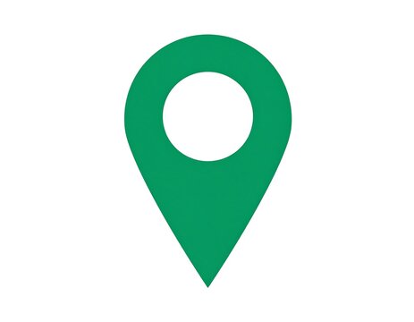A simple, solid emerald green location pin icon stands out against a stark white background.